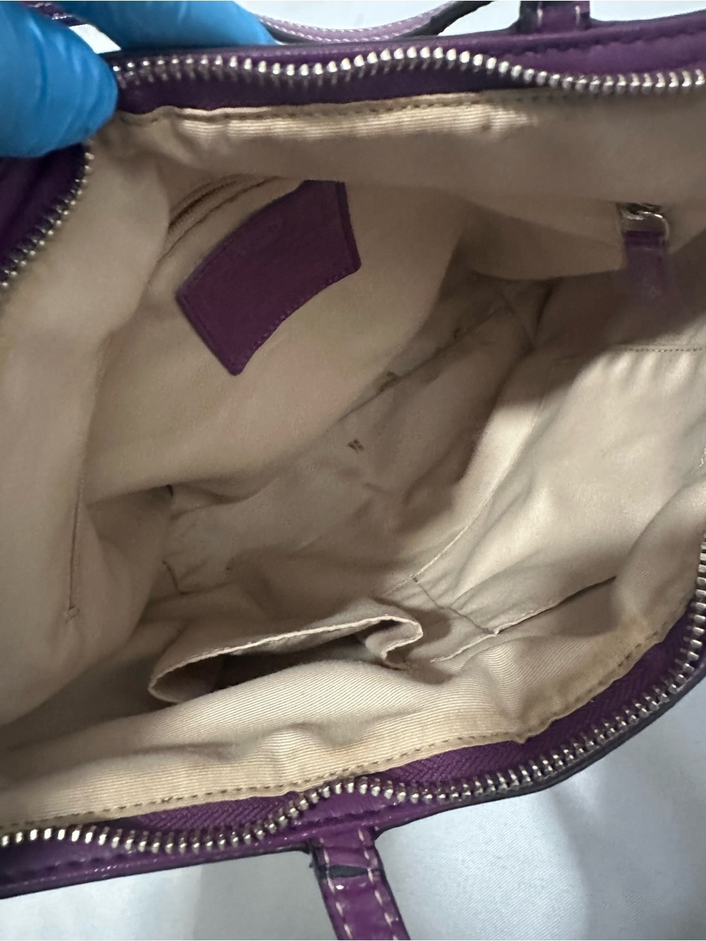Coach Signature Stripe SIS Tote Khaki and Purple F19046 Matching Wallet - Picture 9 of 10